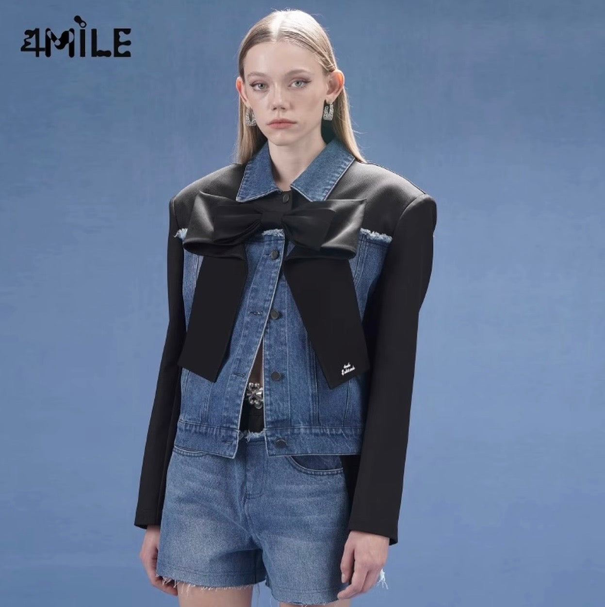 4MILE春夏新款蓝色蝴蝶结设计感牛仔撞色拼接夹克上衣外套
