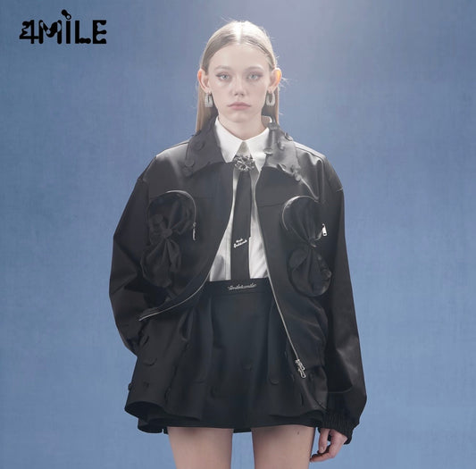 4MILE Spring/Summer New Polka Dot Bow Pocket Jacket, Fashionable Sporty Designer Loose Top for Women