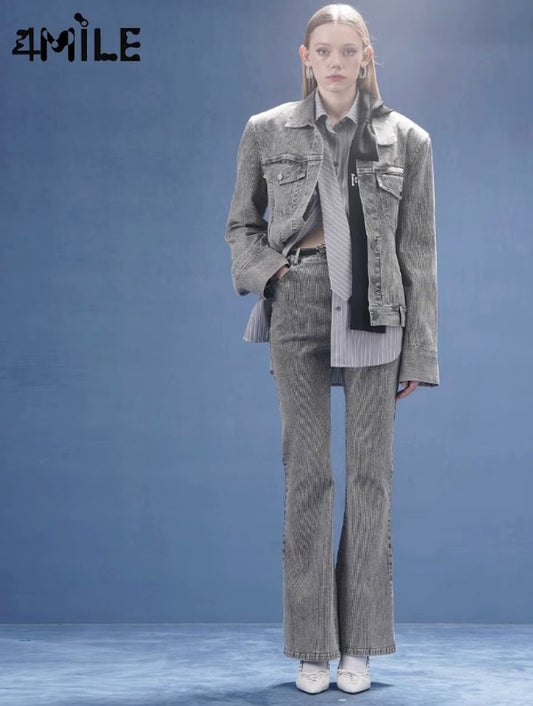 4MILE Washed Grey Denim Jacket with Metallic Logo and Bow Tie - A Retro-Style Niche Jacket Top