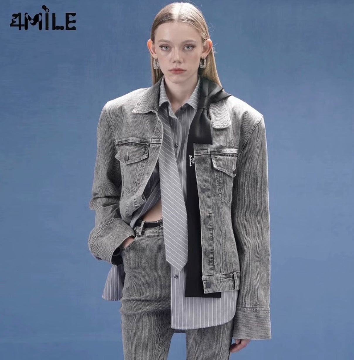 4MILE水洗灰色金属标蝴蝶结飘带牛仔外套复古设计感小众夹克上衣