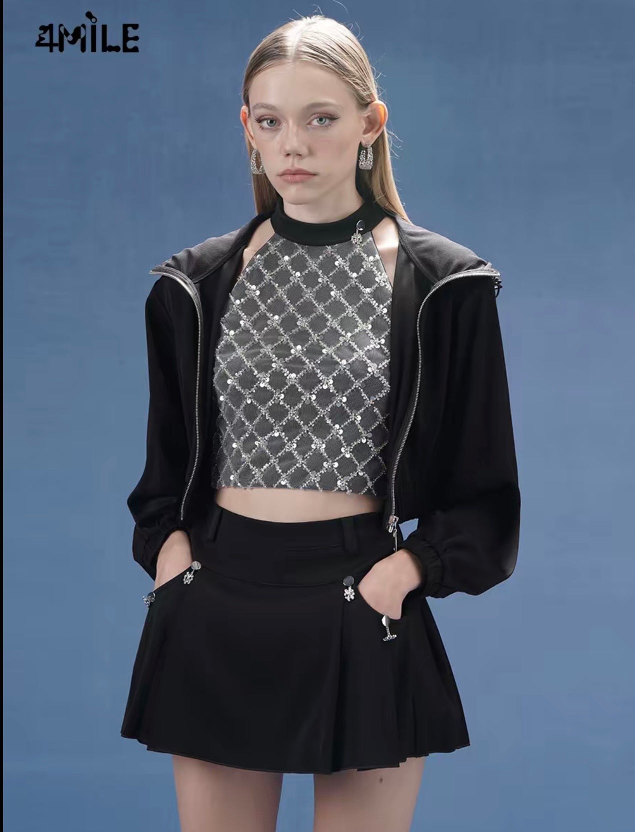 4MILE春夏新款黑色后背镂空连帽上衣螺纹下摆休闲短款长袖女外套