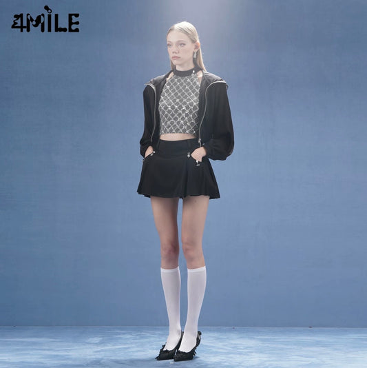 4MILE Spring/Summer New Black Hollow Back Hooded Top with Ribbed Hem Casual Short Long Sleeve Women's Jacket