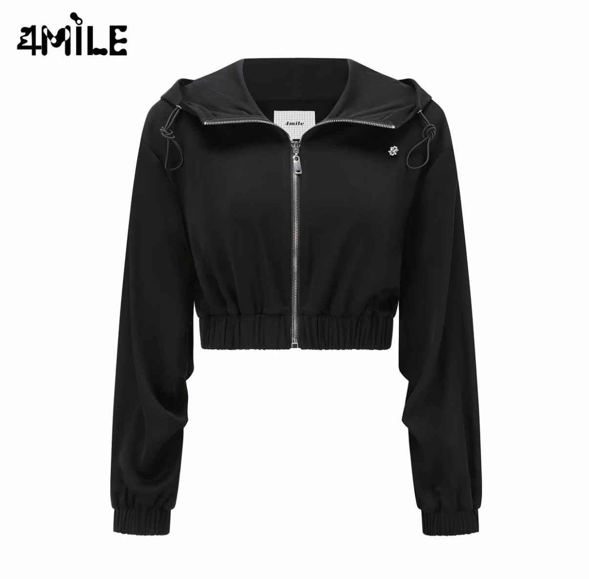 4MILE春夏新款黑色后背镂空连帽上衣螺纹下摆休闲短款长袖女外套