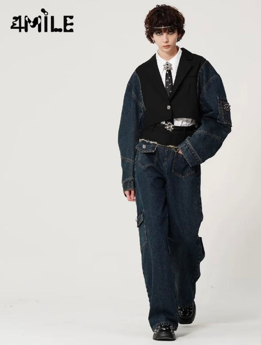 4MILE Autumn Trendy Design Niche Denim Patchwork Blazer Retro Color Block Short Top