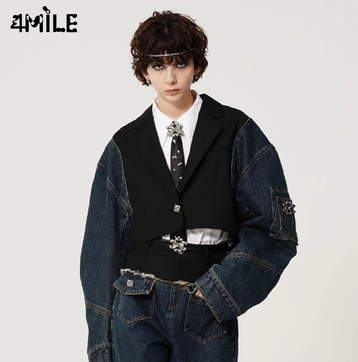 4MILE秋季潮流设计感小众牛仔拼接西服外套复古撞色短款上衣