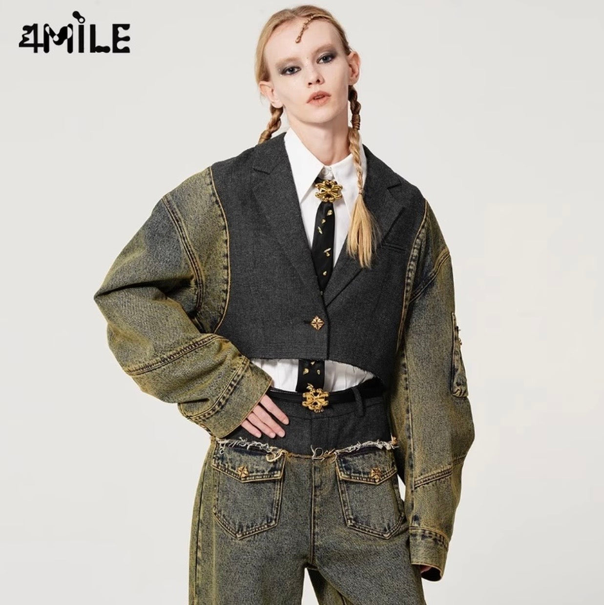 4MILE秋季潮流设计感小众牛仔拼接西服外套复古撞色短款上衣