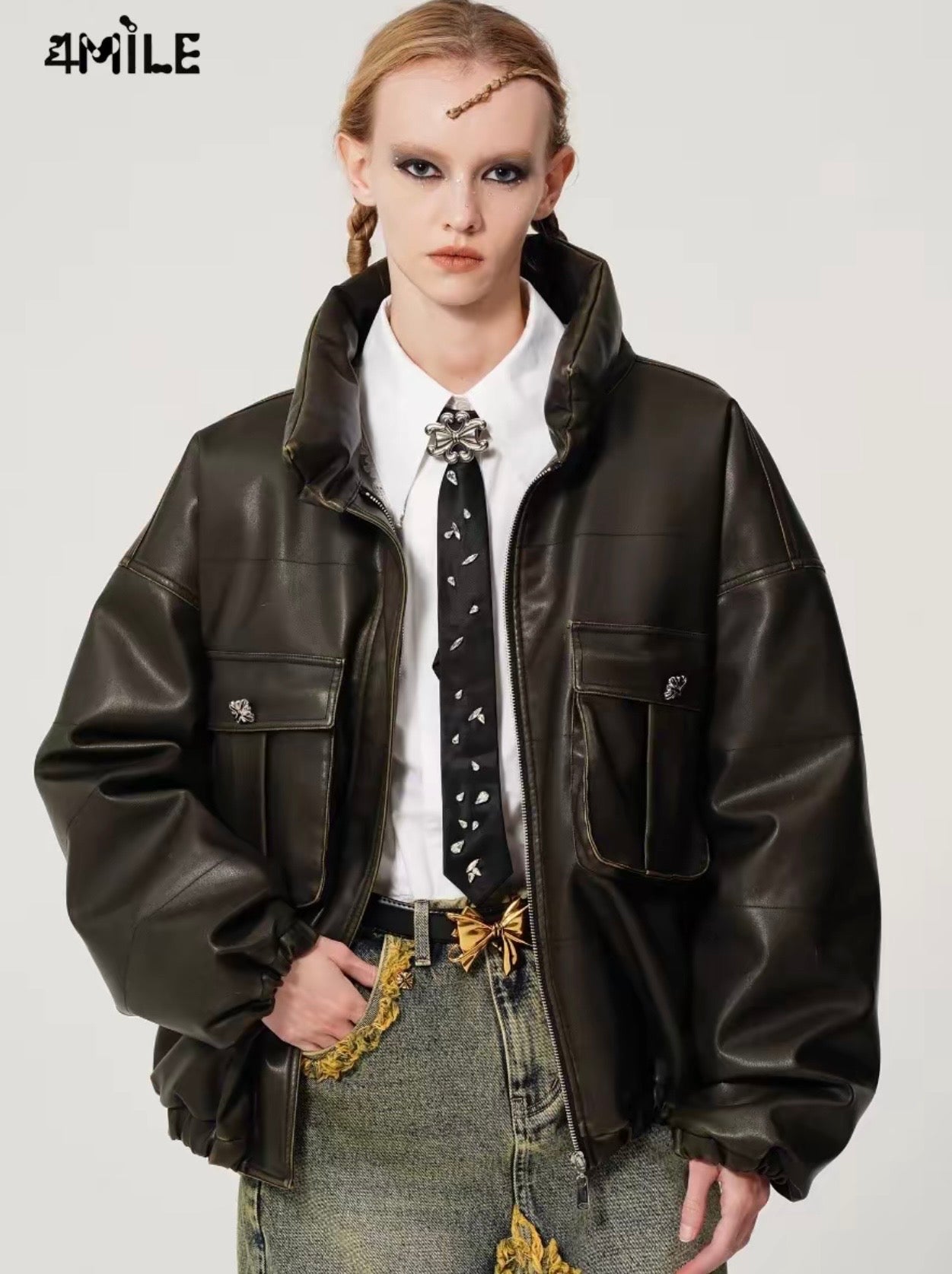 4MILE复古立体双口袋破坏主义皮革夹克羽绒服美拉德皮衣外套