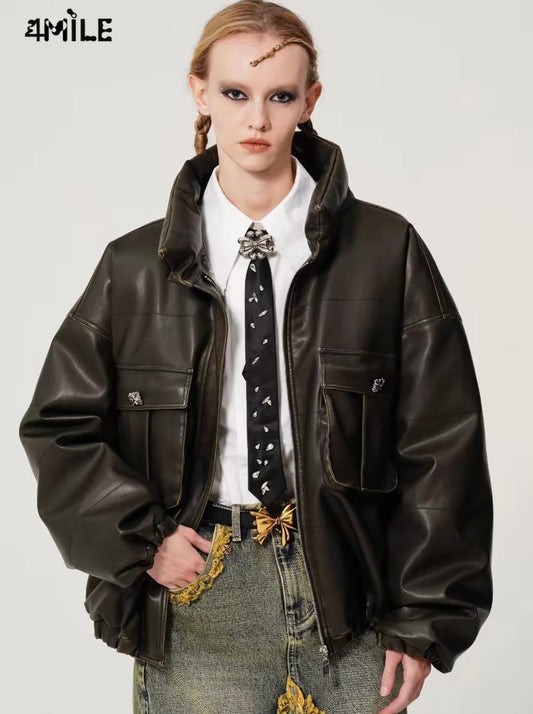 4MILE Retro 3D Double Pocket Disruptive Leather Jacket Down Jacket Maillard Leather Coat