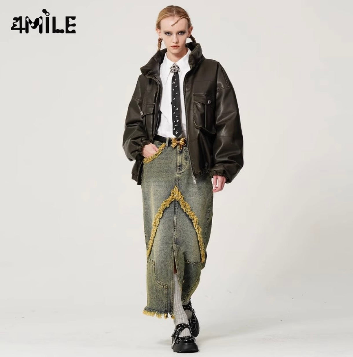 4MILE复古立体双口袋破坏主义皮革夹克羽绒服美拉德皮衣外套