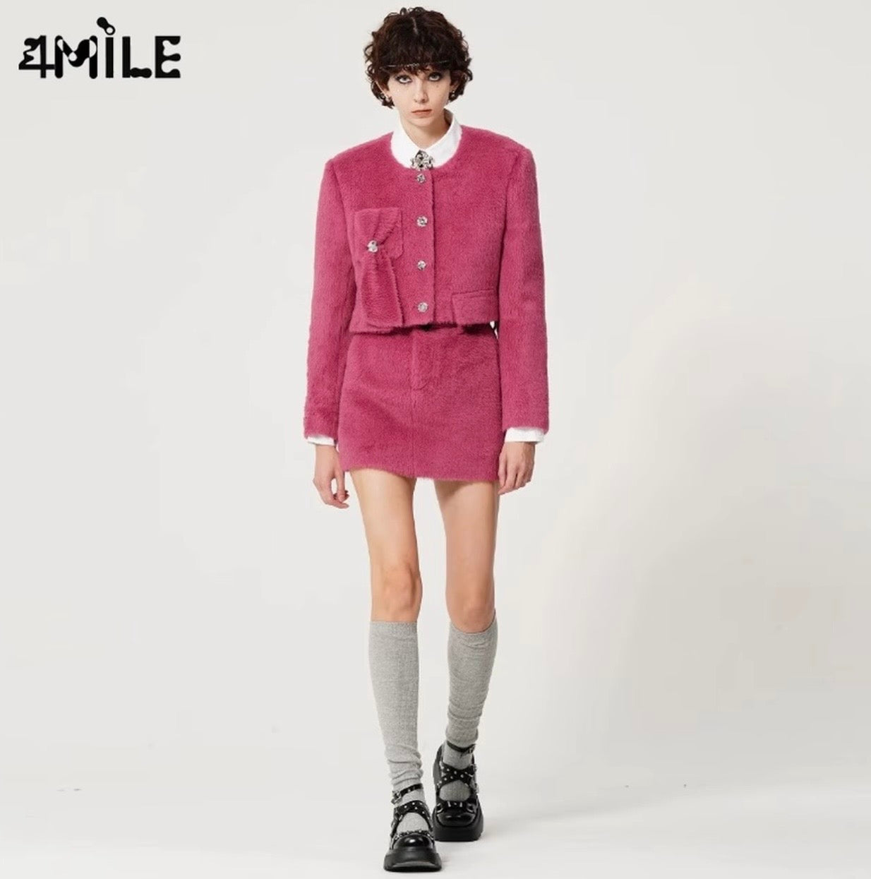 4MILE [Ju Jingyi's Style] Heart-shaped Bow Pocket Alpaca Wool Short Jacket, Elegant and Refined Chanel-inspired