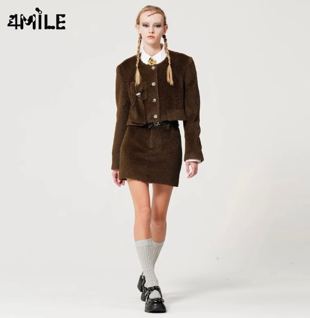 4MILE [Ju Jingyi's Style] Heart-shaped Bow Pocket Alpaca Wool Short Jacket, Elegant and Refined Chanel-inspired