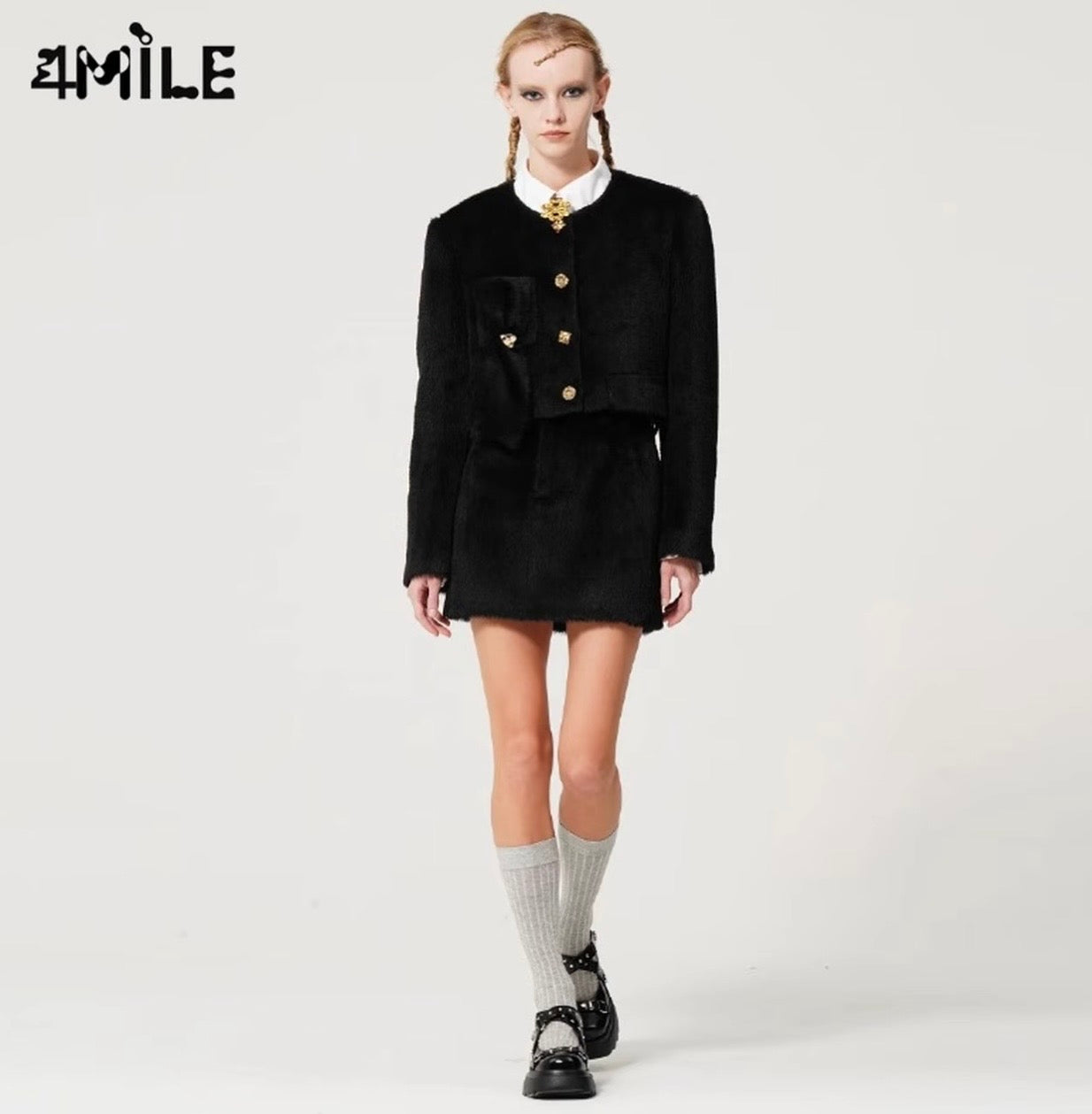 4MILE [Ju Jingyi's Style] Heart-shaped Bow Pocket Alpaca Wool Short Jacket, Elegant and Refined Chanel-inspired