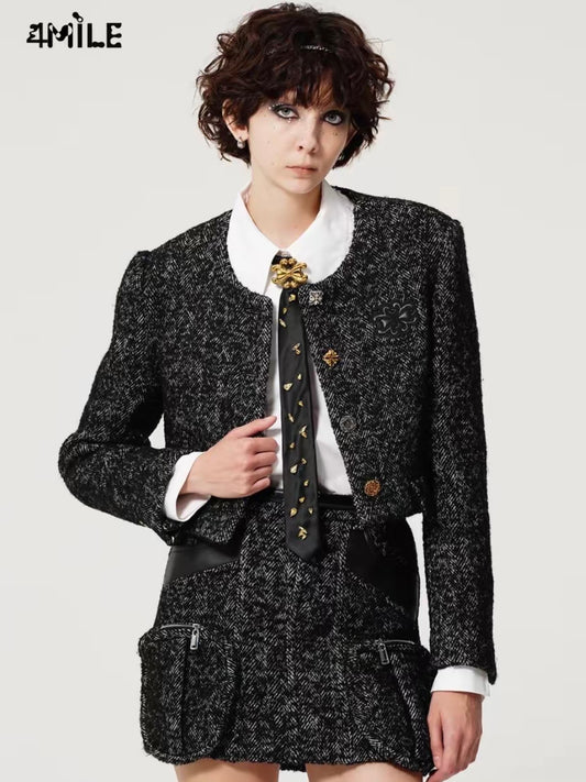 4MILE Round Neck Herringbone Black/Grey Short Autumn/Winter Designer Chanel-Style Wool Coat