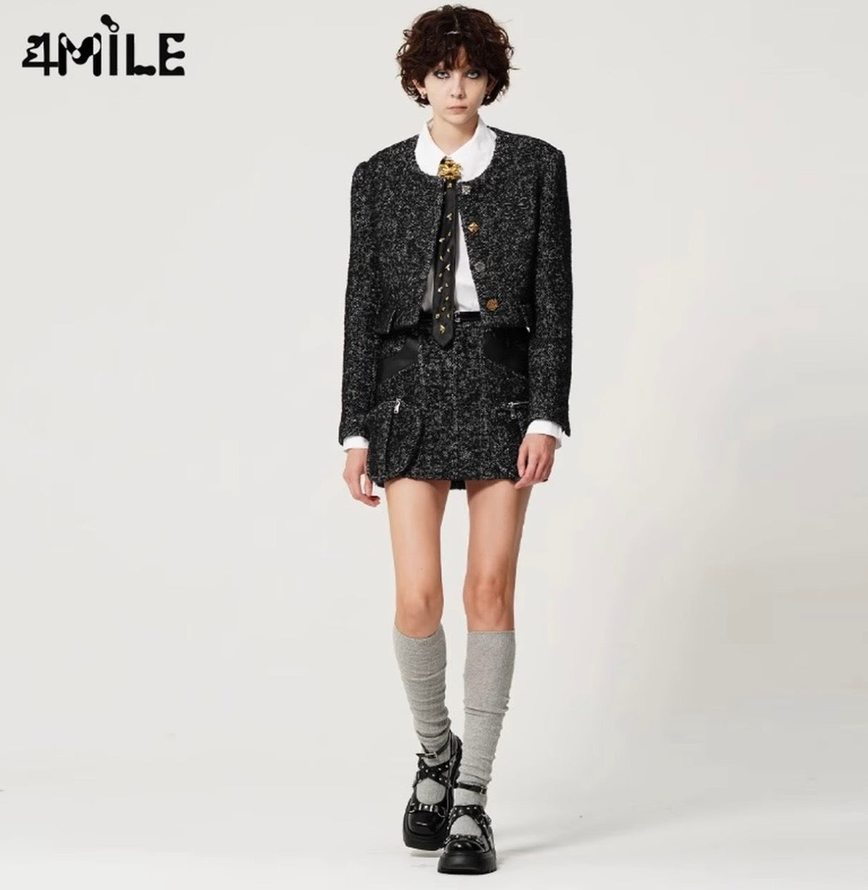 4MILE Round Neck Herringbone Black/Grey Short Autumn/Winter Designer Chanel-Style Wool Coat