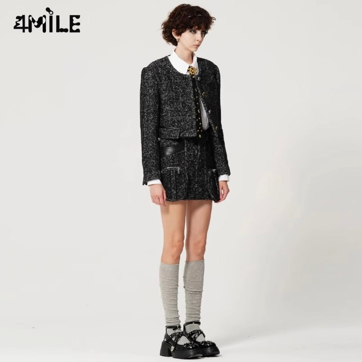 4MILE Round Neck Herringbone Black/Grey Short Autumn/Winter Designer Chanel-Style Wool Coat
