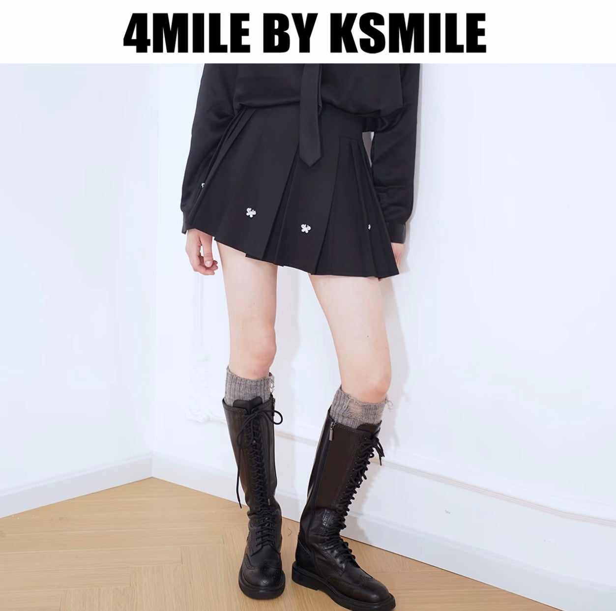 4MILE BY KSMILE | Gray Academy Sparkling High-Waisted Slimming Designer Wide Pleated Suit Skirt