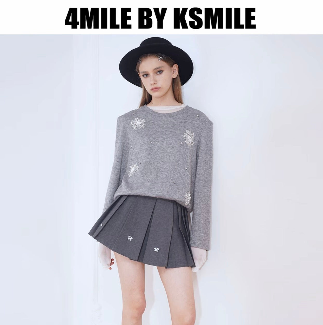 4MILE BY KSMILE | Gray Academy Sparkling High-Waisted Slimming Designer Wide Pleated Suit Skirt