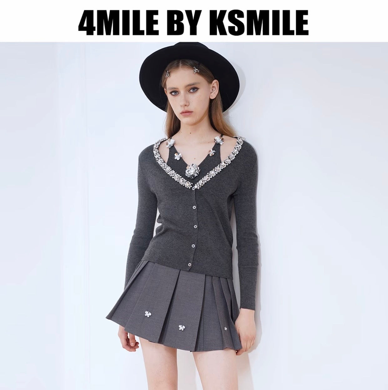 4MILE BY KSMILE | Gray Academy Sparkling High-Waisted Slimming Designer Wide Pleated Suit Skirt